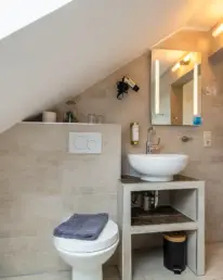 Zimmer 8: Badezimmer mit Dusche/WC, mit Dachschräge und Fenster - Boutique Hotel Villa Wahnfried in Thiessow
